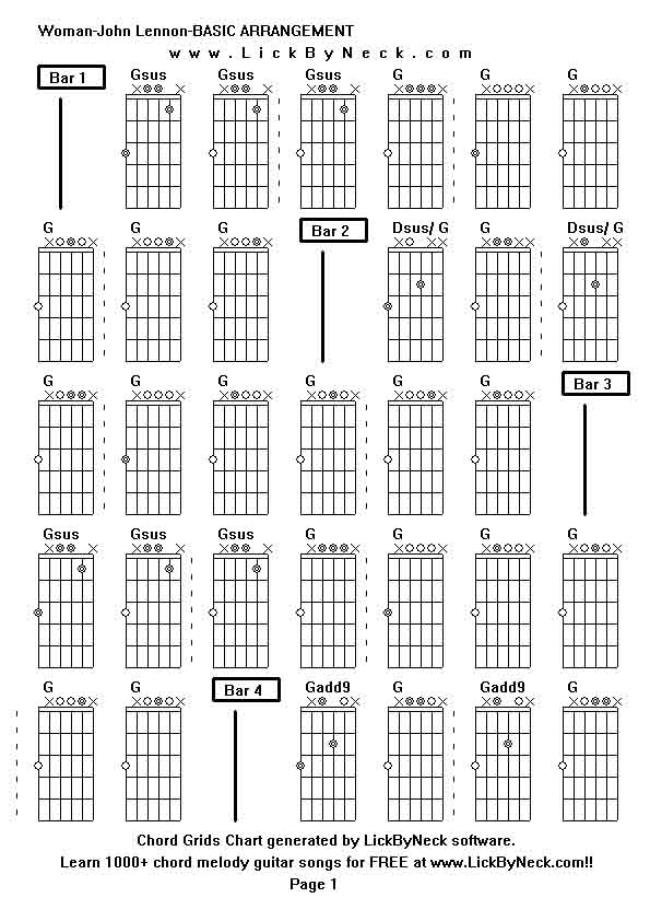 Chord Grids Chart of chord melody fingerstyle guitar song-Woman-John Lennon-BASIC ARRANGEMENT,generated by LickByNeck software.